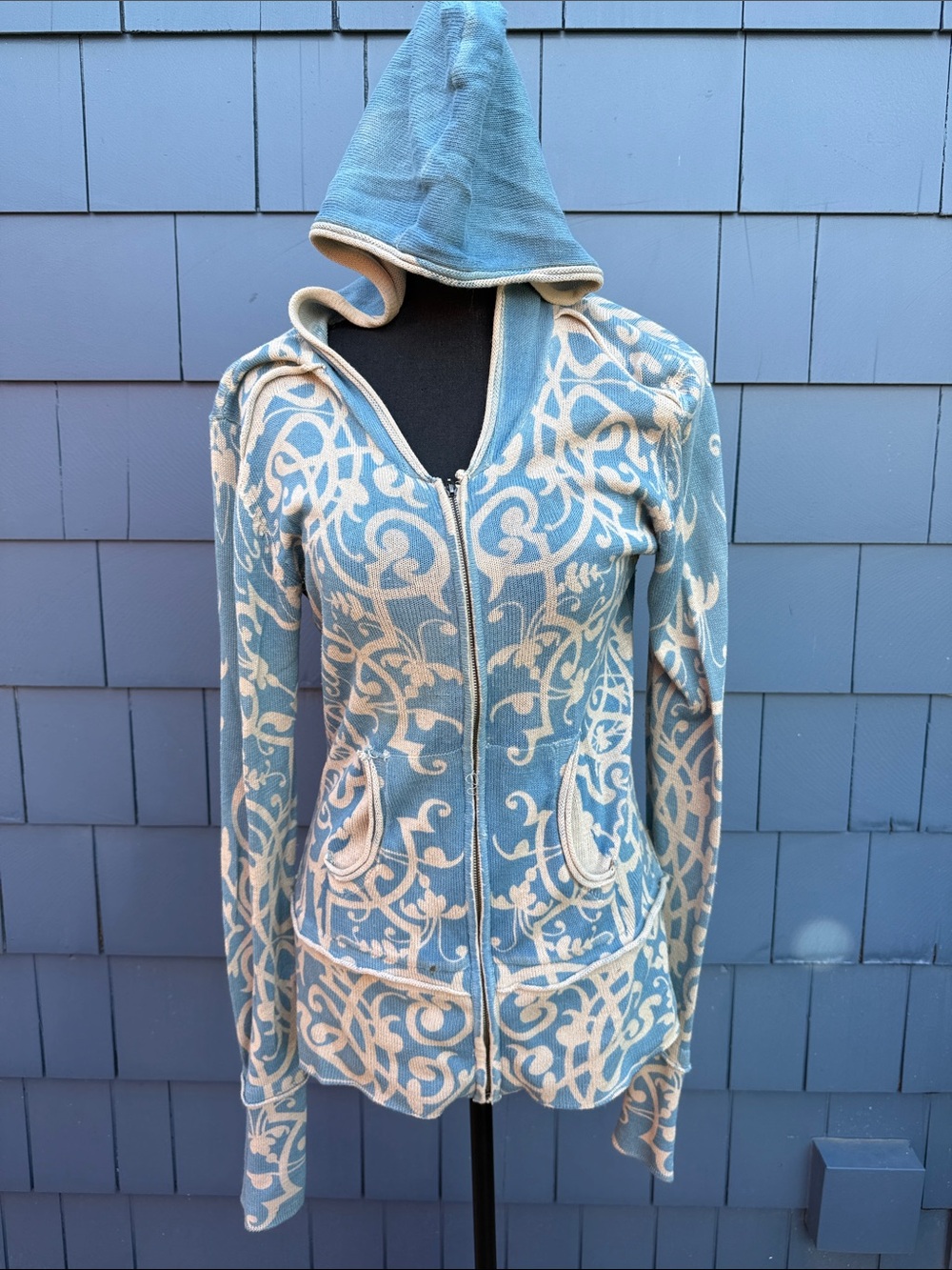 Nick & Mo Light Blue and Cream Hooded Zip Cardigan large knit